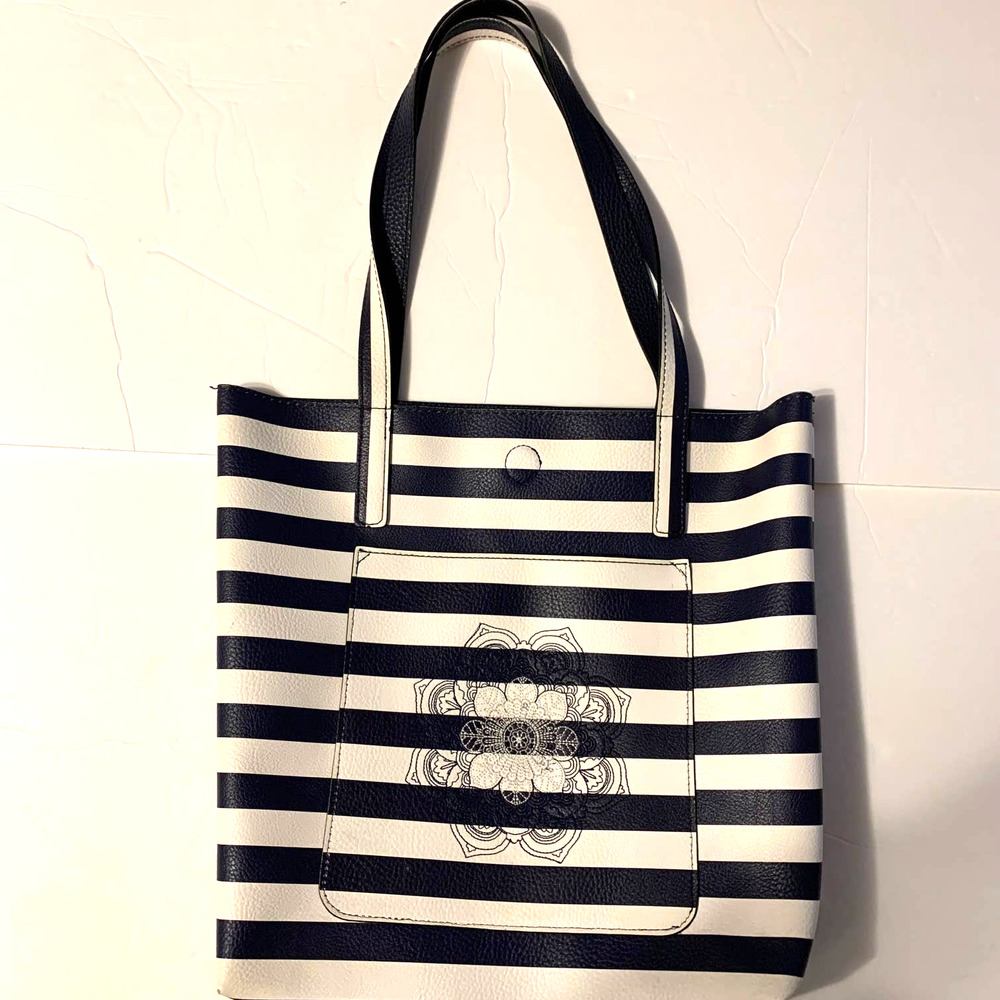 Navy Blue and White Striped Upcycled‎ Faux Leather Embroidered Tote Bag